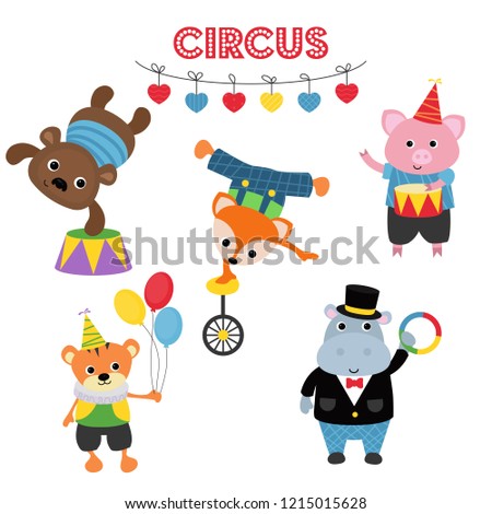 Circus theme. Set of circus animals and artists with different actions. Includes bear, fox, piglet, tiger, hippo.