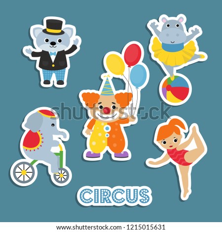 Circus theme. Set of circus animals and artists with different actions. Includes cat, hippopotamus, gymnast, clown, elephant.