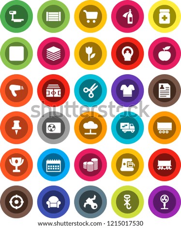 White Solid Icon Set- award cup vector, scissors, cart, coin stack, personal information, calendar, diet, stadium, t shirt, Railway carriage, satellite, truck trailer, wood box, no hook, tulip, data