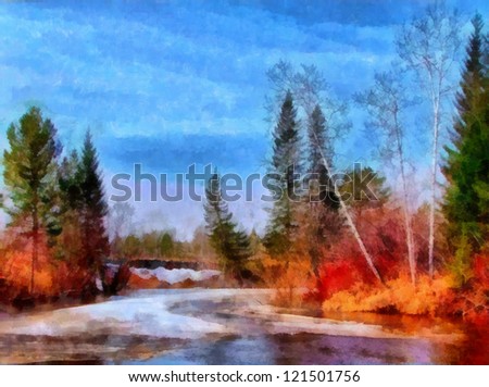 Digital structure of painting. Watercolor autumn snowy landscape