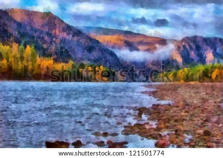Digital structure of painting. Watercolor landscape on the river