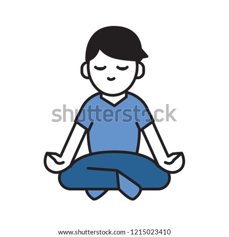 Boy meditating. Yoga and relaxation flat design icon. Colorful flat vector illustration. Isolated on white background.