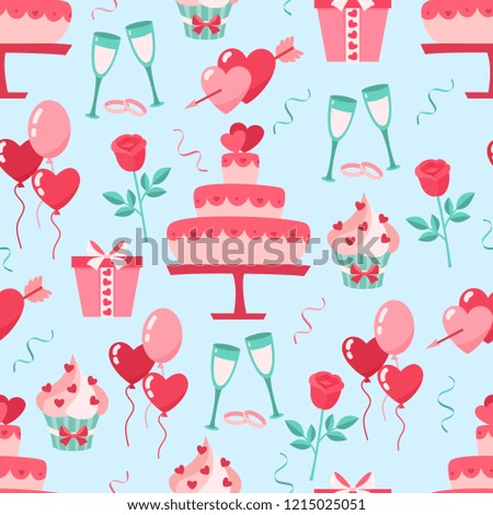 Valentines Day flat icons seamless background. Love concept. Design element for engagement,betrothal,wedding or Valentines day. Vector illustration.