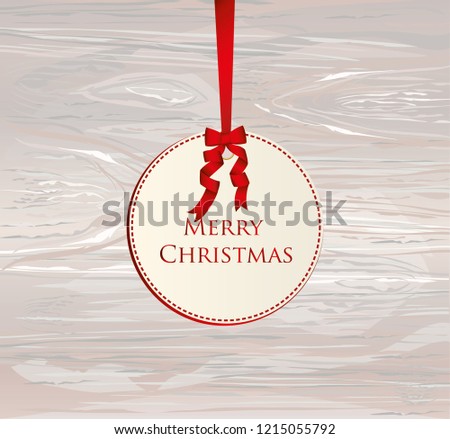 Christmas decorations balls. Decorative red ribbons. Vector on wooden background. For a holiday or a party. For your advertising.