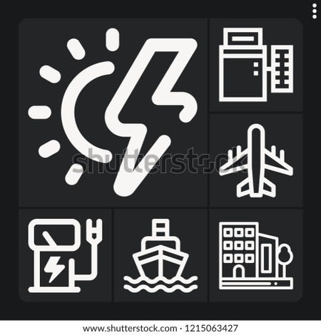 Set of 6 sky outline icons such as electric tower, sun energy, buildings, aeroplane, ship