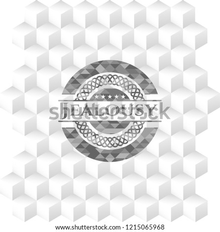 Jealousy grey badge with geometric cube white background