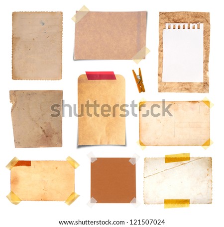 Collection of various grunge paper pieces and tag on white background