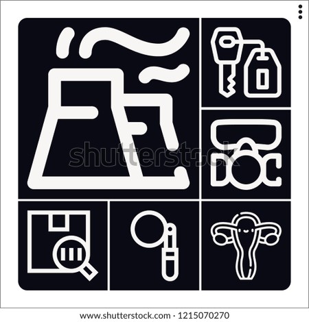Set of 6 system outline icons such as respirator, industry, barcode, filter, fallopian tube