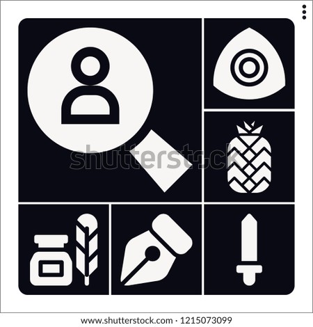 Set of 6 collection filled icons such as sword, pineapple, pen, ink, search