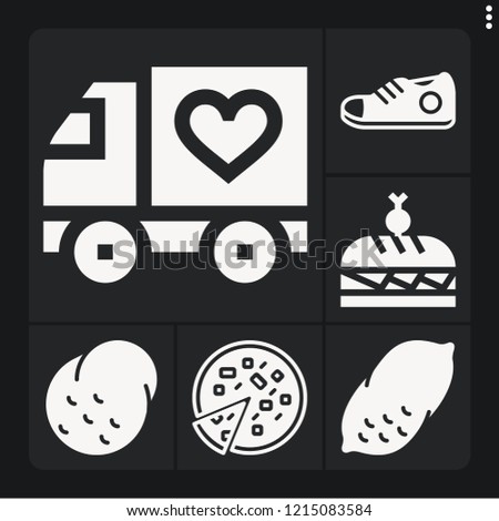 Set of 6 view filled icons such as potato, pizza, sneaker, snack