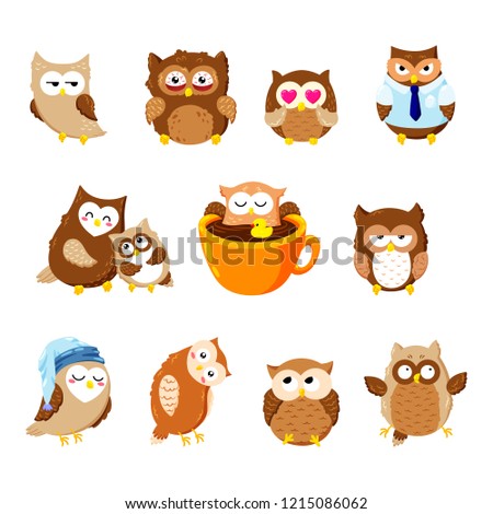 Collection of cute vector owls. Cartoon characters.
