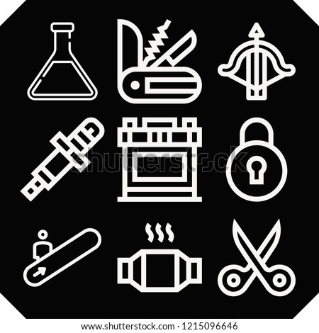 Set of 9 metal outline icons such as crossbow, catalytic converter, escalator, spark plug, car battery, lock, chemical, scissors
