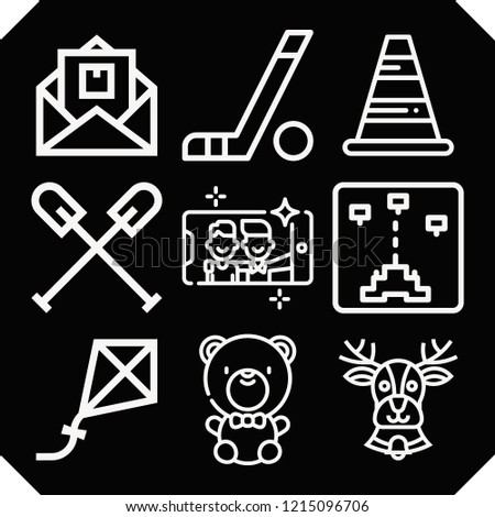 Set of 9 fun outline icons such as reindeer, cone, letter, game, selfie, kayak, hockey sticks, kite