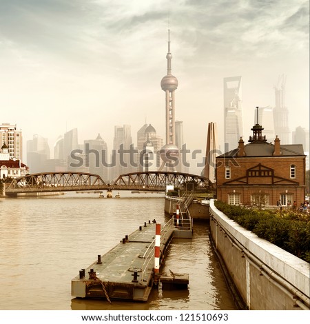 China Shanghai Bund, Lujiazui financial district panorama.