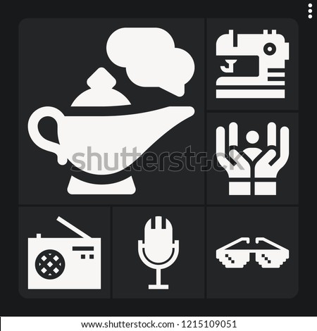 Set of 6 old filled icons such as glasses, genie, radio, sewing, care