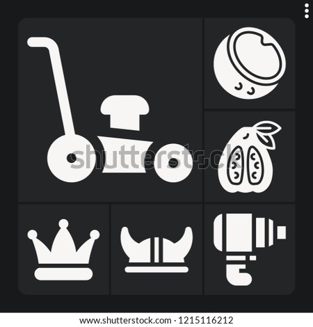 Set of 6 cut filled icons such as viking helmet, hat, coconut, guava, lawn mower