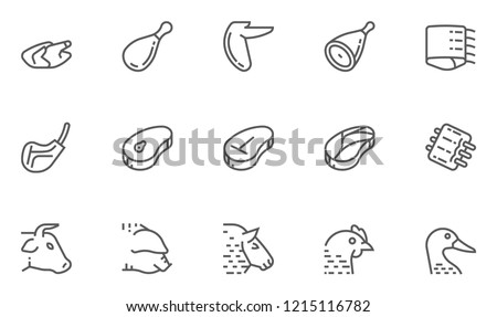 Meat Vector Line Icons Set. Pork, Beef, Goose, Chicken, Duck, Lamb, Steak, Spare Ribs. Editable Stroke. 48x48 Pixel Perfect. Royalty-Free Stock Photo #1215116782