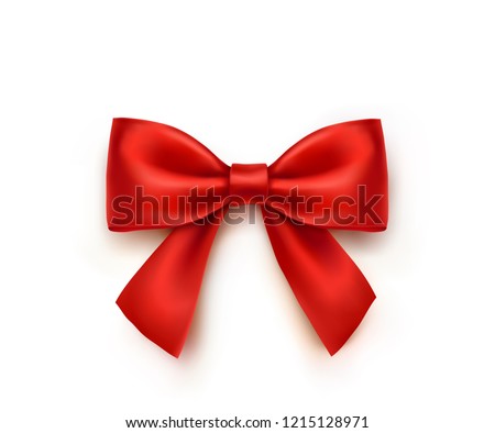 Bow isolated on white background. Vector Christmas red satin bow with shadow, xmas wrap element template.
