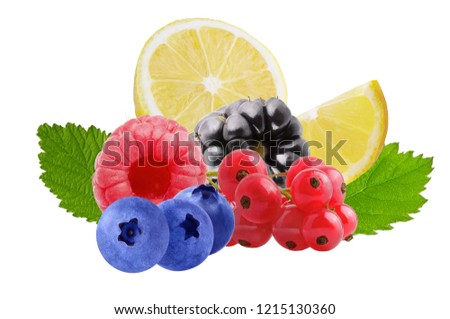 Isolated mixed fruits. Isolated strawberry, lemon, blueberry, balckberry and redcurrant on white background with clipping path as package design element and advertising