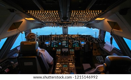 Boeing 747 flight deck overview             Royalty-Free Stock Photo #1215146992