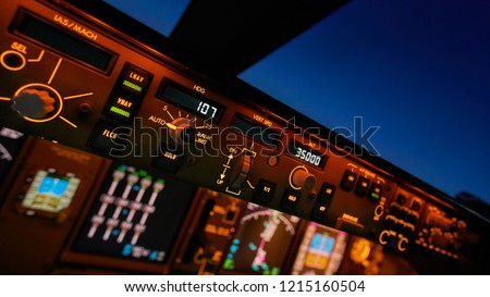 Boeing 747 cockpit close-up of the mode control panel, autopilot control switches Royalty-Free Stock Photo #1215160504