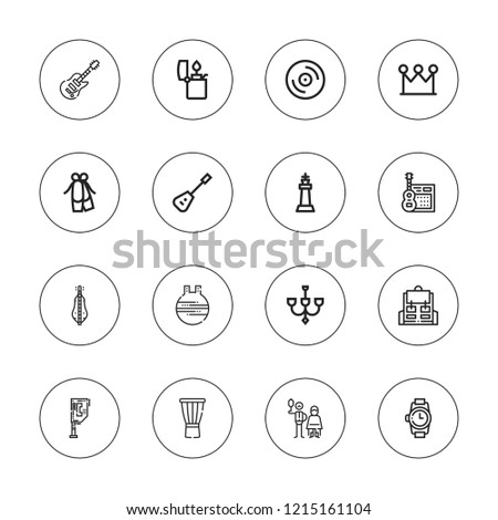Classic icon set. collection of 16 outline classic icons with backpack, ball, ballet, barber, chandelier, dulcimer, electric guitar, crown, drum, lighter, guitar, king icons.