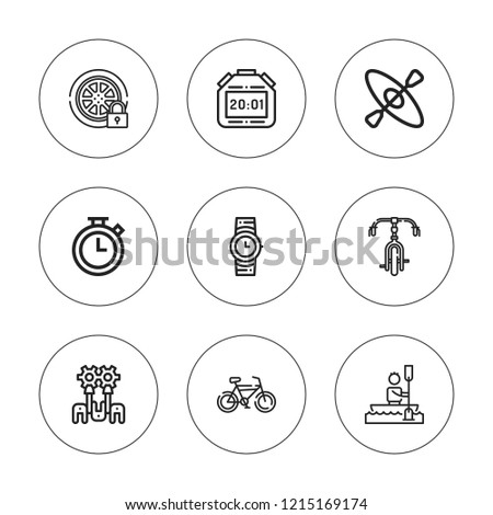 Race icon set. collection of 9 outline race icons with bicycle, bike, canoeing, chronometer, kayak, pistons, stopwatch, tyre icons. editable icons.