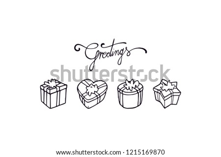 Gifts black outline illustration. Different shapes and letters greeting card. Celebration package simple black outline set vector. Gift collection cute ribbon and calligraphy text. Sweet presents set.