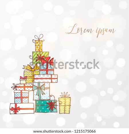 Pile of gift boxes. Christmas card on white glowing background