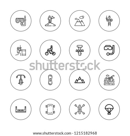 Extreme icon set. collection of 16 outline extreme icons with bicycle, canoeing, free fall, kayak, mountain, parachute, paintball, overcome, skate, skateboard, snorkel icons.