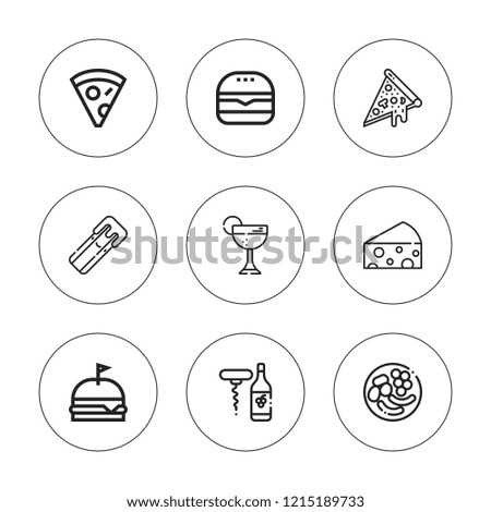 Cheese icon set. collection of 9 outline cheese icons with burger, churro, cheese, food, pizza icons. editable icons.