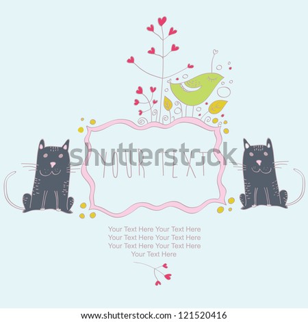 Vintage frame with flowers cats and bird. Beautiful vector background