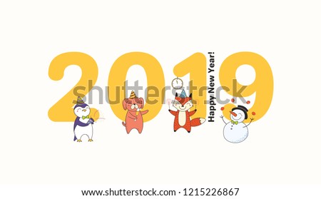 Hand drawn New Year 2019 greeting card, banner template with big numbers, cute funny animals celebrating, typography. Line drawing. Isolated objects. Vector illustration. Design concept for party.