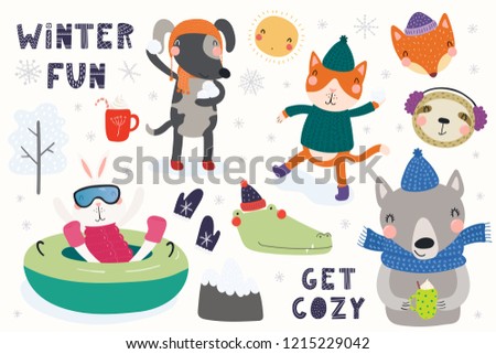 Big set with cute animals in winter, playing in the snow, tubing, having snowball fight. Isolated objects on white. Hand drawn vector illustration. Scandinavian style flat design. Concept kids print.