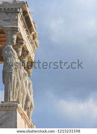 Extreme zoom photo of iconic Caryatids statues in porch of Caryatids located on top of Acropolis hill next to iconic masterpiece Parthenon, Athens historic center, Attica, Greece        