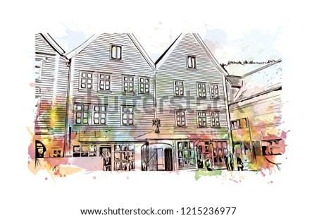 Building view with landmark of Bergen is a city on Norway’s southwestern coast. Watercolor splash with Hand drawn sketch illustration in vector.