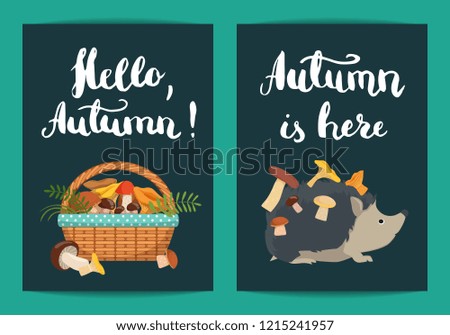  card or flyer templates with hedgehog with mushrooms on his back and basket full of mushrooms with lettering illustration