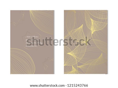 Elegant golden cards with decorative leaves, design elements. 