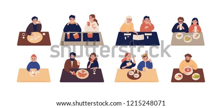 Collection of cute people sitting at tables and eating different delicious meals. Set of men and women trying tasty food at restaurant or cafe. Colorful vector illustration in flat cartoon style. Royalty-Free Stock Photo #1215248071