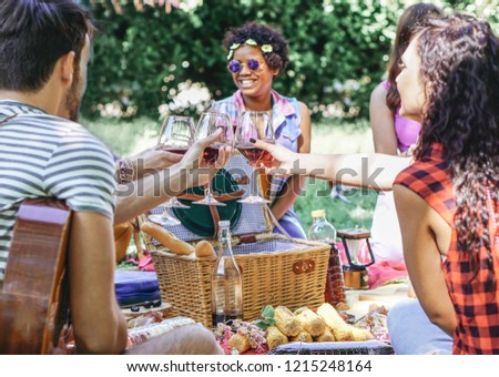 Group of happy friends cheering glasses of red wine at pic nic barbecue in garden - Young people having fun during a weekend day - Youth lifestyle concept