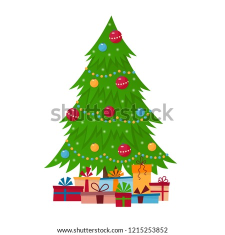 Decorated christmas tree with gift boxes, lights, decoration balls and lamps. Merry Christmas and a happy new year.  Vector illustration in flat and cartoon style