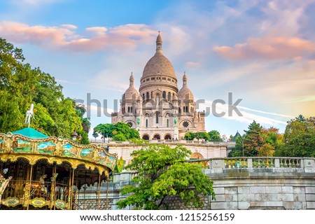 Sacre Coeur Cathedral on Montmartre Hill in Paris, France Royalty-Free Stock Photo #1215256159