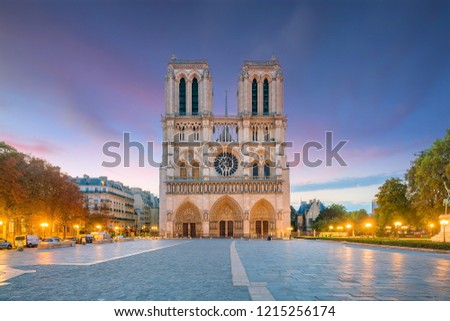 The beautiful Notre Dame de Paris in France at twilight Royalty-Free Stock Photo #1215256174
