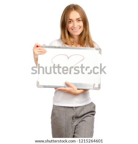 Beautiful woman in the hands whiteboard draw heart on a white background isolation