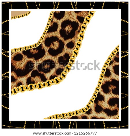 Leopard print and golden chain black background.Seamless pattern.Animal print.