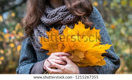 girl holding a bouquet of fallen autumn yellow maple leaves