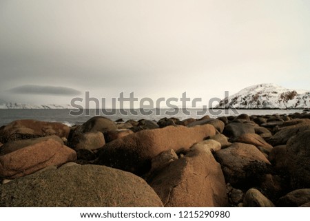 Arctic Ocean, winter time, snow shore, Russia, landscape of beautiful wild nature of north seas. Beautiful snow winter ice and cold landscape, picturesque view with mountains on horizon, sky clouds