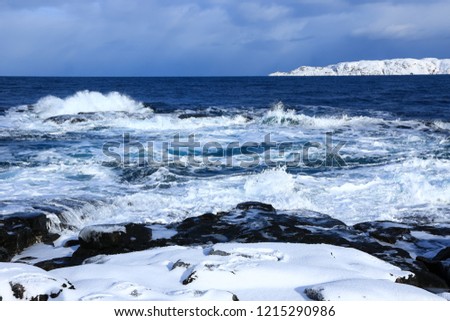Arctic Ocean, winter time, snow shore, Russia, landscape of beautiful wild nature of north seas. Beautiful snow winter ice and cold landscape, picturesque view with mountains on horizon, sky clouds