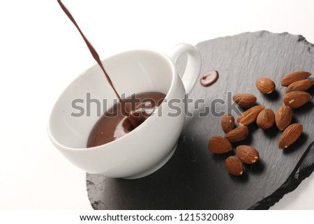 close up of dark hot chocolate cup on a white background