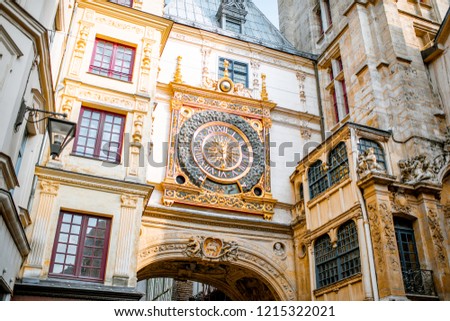 Close-up view of the Great-clock, famous astronomical clock in Rouen, the capital of Normandy region Royalty-Free Stock Photo #1215322021